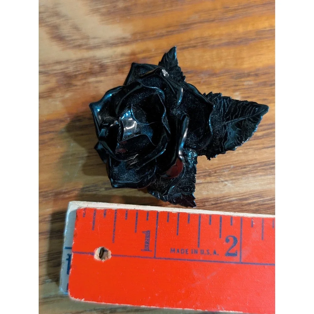 Vintage Black Rose Brooch Glossy Floral Pin Gothic Victorian Style 2.25 Inch